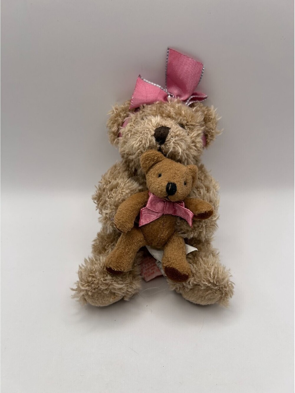 Russ Berrie Marmie Teddy Bear Holding Baby Pink Bows 23366 Stuffed Tan